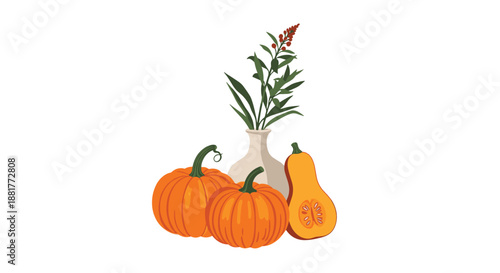 Autumn still life arrangement featuring bright orange pumpkins and a tall vase filled with seasonal foliage and berries for harvest.