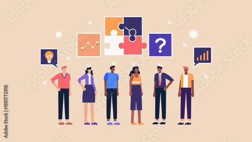 Team collaboration solving complex problems with puzzle pieces and innovative ideas