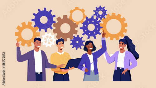 Teamwork and collaboration concept with gears representing system and people