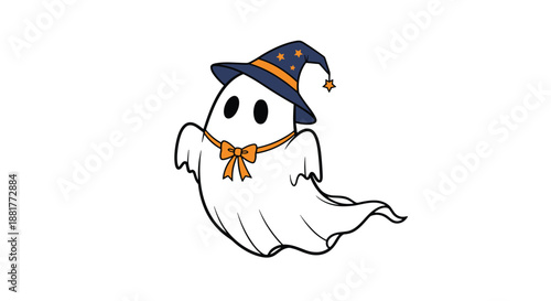 Adorable cartoon ghost wearing a dark blue wizard hat and a bright orange bow tie floating happily for a festive Halloween celebration.