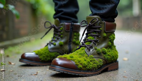 Moss-covered boots worn by person standing on a green pathway  