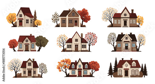 Charming grid of nine different autumn-themed houses surrounded by colorful fall trees and cozy landscapes in a warm color palette.