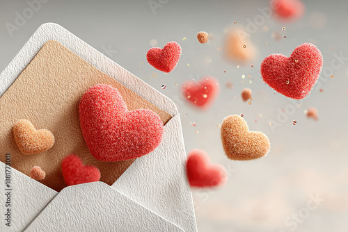 3D illustration of a craft paper envelope floating in air, open and releasing flying, fluffy red felt hearts upwards. Perfect for Valentine's Day card, invitation, or social media graphics.