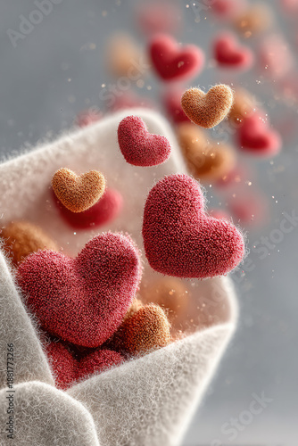 3D illustration of a craft paper envelope floating in air, open and releasing flying, fluffy red felt hearts upwards. Perfect for Valentine's Day card, invitation, or social media graphics.