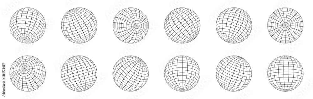 Obraz premium Wireframe sphere grid set in different perspectives. Technical abstract shapes for science and technology visuals