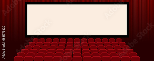 Cinema hall interior with screen and red seats. Movie theater illustration for entertainment and film presentation themes