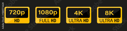 Video resolution badges showing HD Full HD 4K and 8K formats. Media quality labels for digital content and streaming