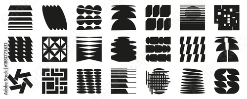 Abstract black geometric shapes collection. Modern brutal graphic elements with bold silhouettes