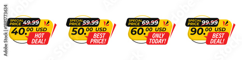 Sale price tags and discount labels collection. Bright promotional stickers with special offers