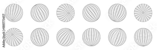 Wireframe sphere grid set in different perspectives. Technical abstract shapes for science and technology visuals