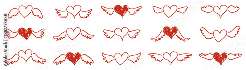 Hand drawn heart with wings collection in red color. Romantic doodle style love symbols for valentine themes