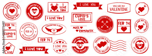 Valentine stamps and labels collection with love messages. Vintage postal style elements for romantic