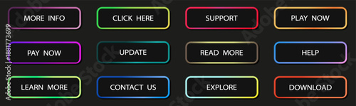 Neon gradient buttons set on dark background. Modern glowing interface elements for web and mobile applications