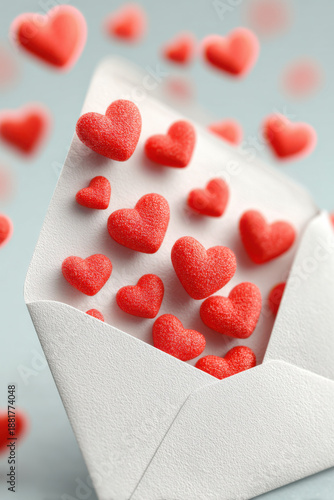 3D illustration of a craft paper envelope floating in air, open and releasing flying, fluffy red felt hearts upwards. Perfect for Valentine's Day card, invitation, or social media graphics.