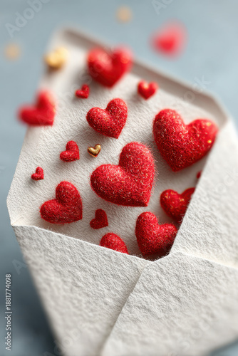 3D illustration of a craft paper envelope floating in air, open and releasing flying, fluffy red felt hearts upwards. Perfect for Valentine's Day card, invitation, or social media graphics.