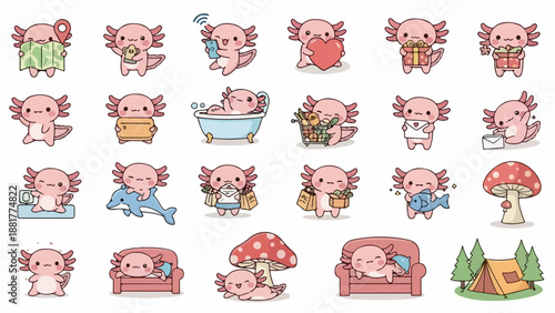 Flat lay of various cute axolotl stickers in different scenarios on a white background with a playful mood.