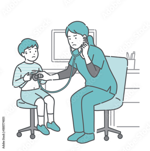聴診を受ける冷や汗をかいた男の子と深刻な表情のスクラブの女性医療従事者のイラスト