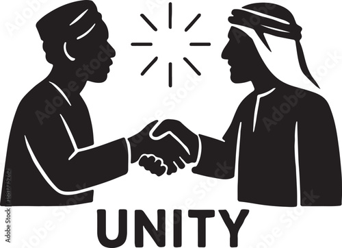 Silhouette of Two Men in Traditional Middle Eastern and African Attire Shaking Hands with Unity Text for Peace and Cooperation Concept