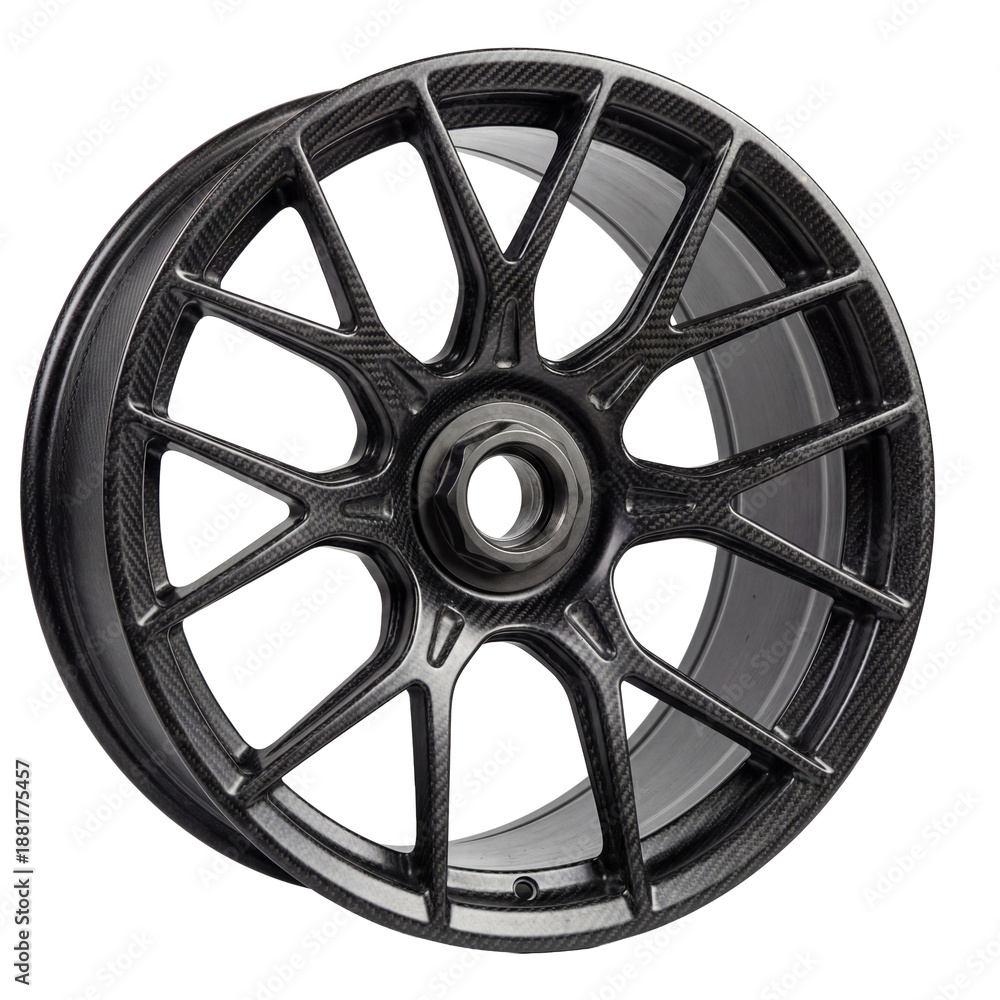 Obraz premium A close-up shot of a carbon fiber wheel, showcasing its intricate design and sleek aesthetic