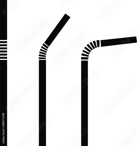 Drinking straw icon set in black flat styles. Beverage sip tube symbols, plastic bendable reusable accessory sign, vectors illustration for bar cafe drink designs isolated on transparent background.