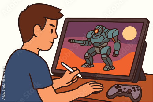 Young Man Using Graphic Tablet and Stylus to Create Digital Character Art for Gaming and Animation Concept