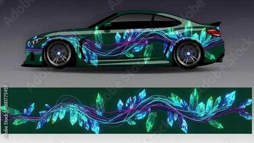 Dark green sports car with a vibrant, glowing crystal and abstract line decal design, showcasing a futuristic and energetic aesthetic.