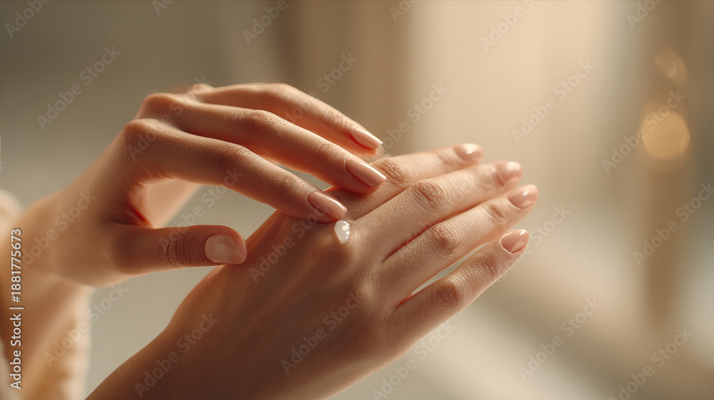 © brillianata - Close-up of hands rubbing cream into skin with emphasis on texture and tactile motion in warm light