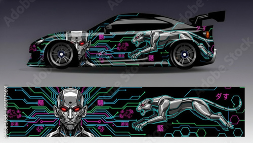 Futuristic car wrap design featuring a cyborg head and a robotic cheetah on a circuit board pattern, suitable for vehicle graphics.