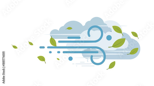 Windy weather icon with blowing leaves and clouds symbolizing stormy weather forecast