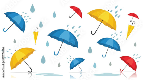 Colorful umbrellas falling in rain shower with droplets and puddles on white background
