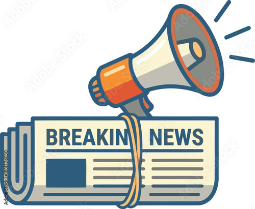 A megaphone broadcasting important breaking news from a folded newspaper stack representing media communication.