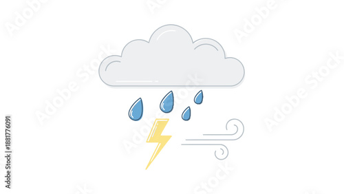 Weather forecast icon with rain lightning and wind on white background