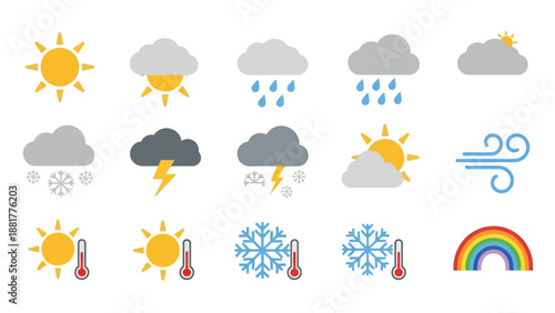 Weather icons set with sun cloud rain snow and temperature symbols
