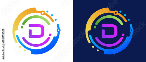 Modern letter “D” logo with circular abstract elements and colorful gradient design,