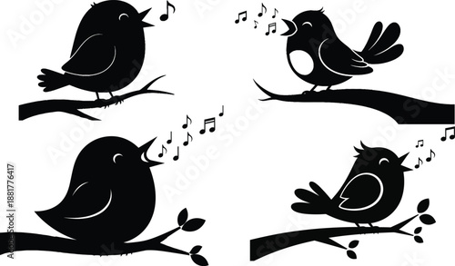 A cute cartoon set of funny birds flying and sitting together on a white background