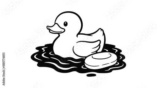 Whimsical cartoon rubber ducky floating with a soap bar in bubbly water