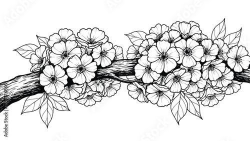 Delicate line art depiction of a blossoming branch with intricate floral details