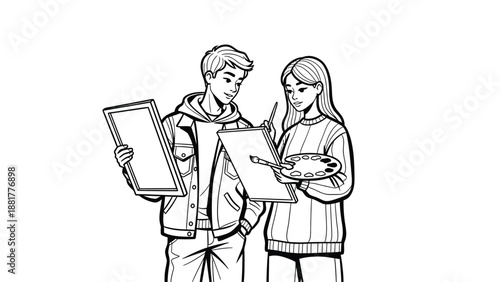 Creative collaboration between two young artists discussing their artistic endeavors and projects