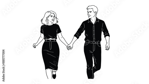 Couple holding hands and running together in a minimalistic illustration