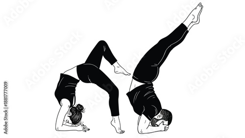 Artistic black and white illustration of two people performing advanced yoga poses demonstrating