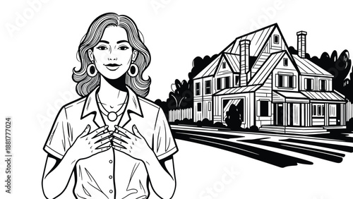 Stylized illustration of a confident woman standing before a stately home symbolizing aspirations