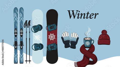 Winter sports equipment and accessories on snowy background with warm drink