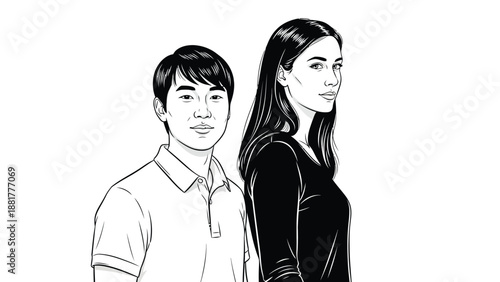 Striking monochromatic portrait of a young Asian man and a woman on a white background