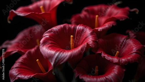  Vibrant red Calla Lily bouquet, isolated on a deep black background, extreme close-up with selective focus and soft artistic blur, shallow depth of field, moody floral composition, rich velvety petal