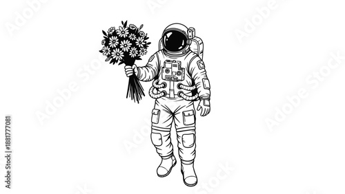 Astronaut holding a bouquet of flowers in a simple line art style