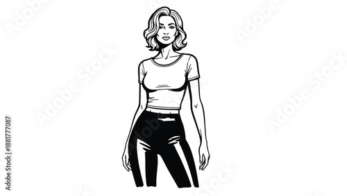 Chic monochrome illustration of a stylish young woman in crop top and sleek pants