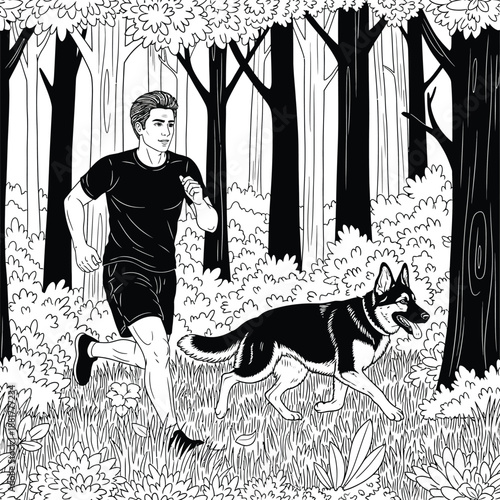 Man and his loyal canine companion enjoying a vigorous outdoor run amidst lush forest scenery