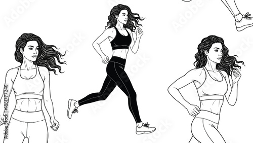 Dynamic fitness illustrations capturing women's active running movements and athletic physique