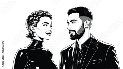 Striking black and white illustration of a fashionable couple in profile view
