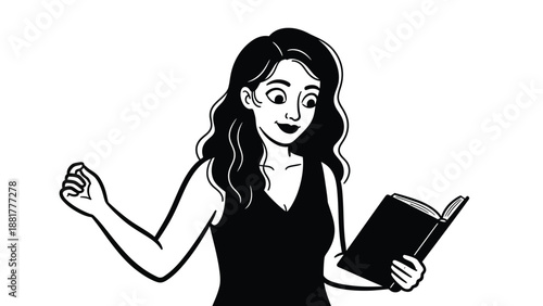 Curious Woman Engaged in Reading a Book with an Expressive Gesture Minimalist Illustration